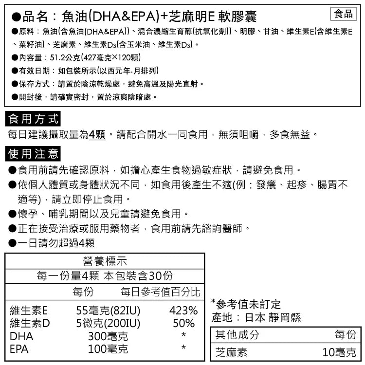 DHA＆EPA + 芝麻明E (120粒/約30日份)原價$640,超級優惠價$342